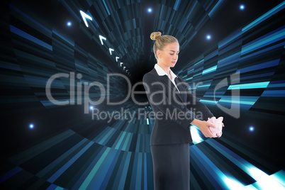 Composite image of businesswoman holding pink piggy bank