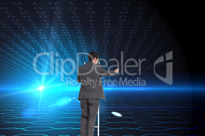 Composite image of businessman standing on ladder