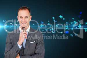 Composite image of smiling businessman holding glasses