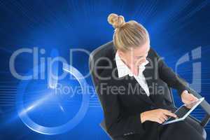 Composite image of businesswoman sitting on swivel chair with ta