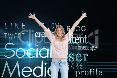 Composite image of full length shot of a smiling woman with her