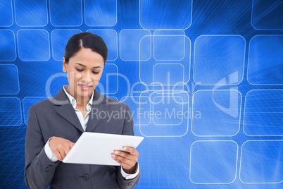 Composite image of close up of saleswoman with her touch screen