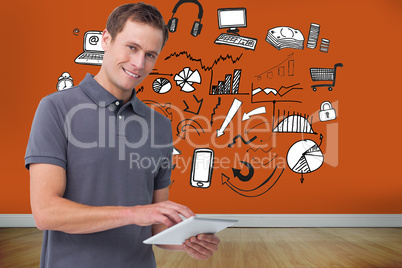 Composite image of smiling young man with tablet computer