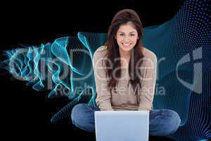 Composite image of woman sitting on the bed with the laptop in f