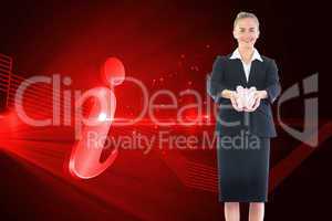 Composite image of happy businesswoman holding a piggy bank