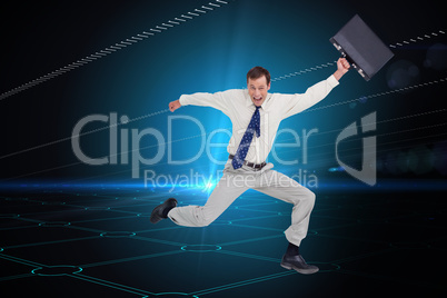 Composite image of cheerful jumping businessman with his suitcas