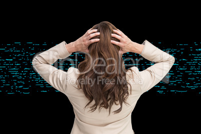 Composite image of young classy businesswoman with hands on head