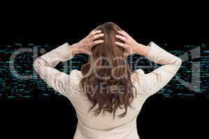 Composite image of young classy businesswoman with hands on head