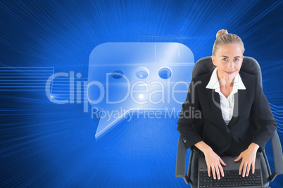 Composite image of businesswoman sitting on swivel chair with la