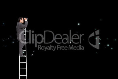 Composite image of businessman standing on ladder using binocula