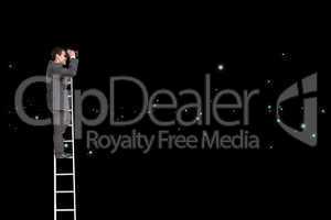 Composite image of businessman standing on ladder using binocula