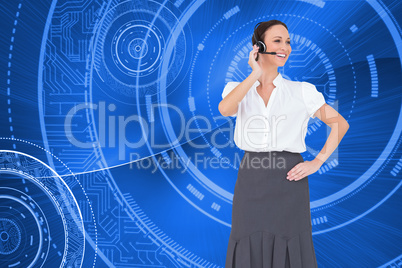 Composite image of cheerful smart call center agent working