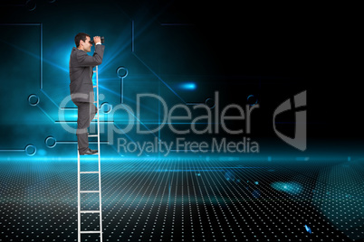 Composite image of businessman standing on ladder using binocula