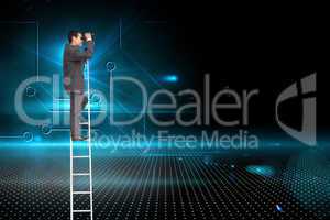 Composite image of businessman standing on ladder using binocula