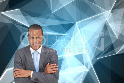 Composite image of doubtful young businessman with arms crossed