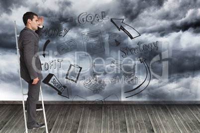 Composite image of businessman standing on ladder Composite image of businessman standing on ladder