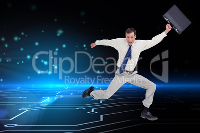 Composite image of cheerful jumping businessman with his suitcas