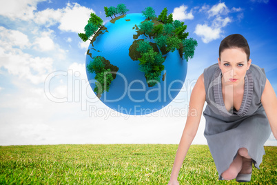 Composite image of serious gorgeous woman ready for departure