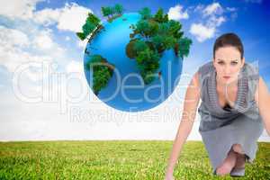 Composite image of serious gorgeous woman ready for departure