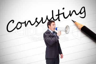 Composite image of standing businessman shouting through a megap