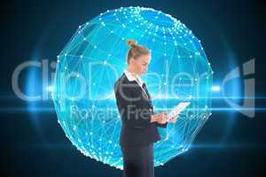 Composite image of businesswoman holding new tablet