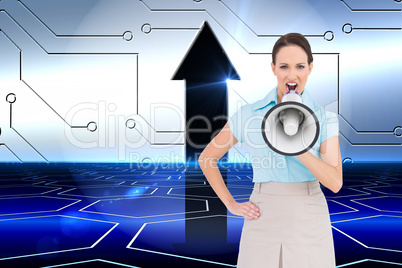 Composite image of furious classy businesswoman talking in megap