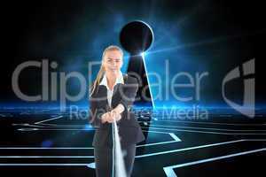 Composite image of businesswoman pulling a rope