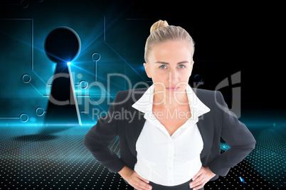 Composite image of businesswoman standing with hands on hips Composite image of businesswoman standing with hands on hips