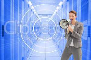 Composite image of businesswoman talking on a megaphone