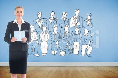 Composite image of businesswoman holding new tablet