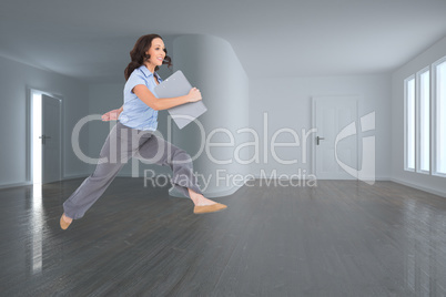 Composite image of cheerful classy businesswoman jumping while h