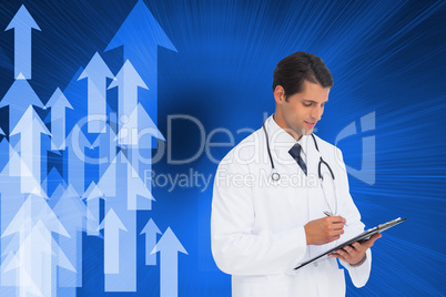 Composite image of smiling doctor holding pen and clipboard