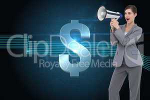 Composite image of businesswoman with loudspeaker