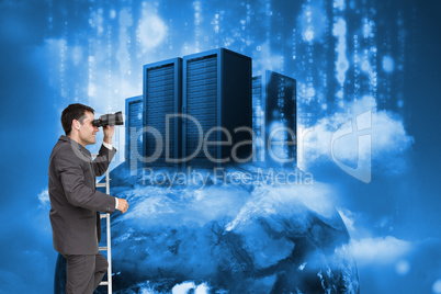 Composite image of businessman standing on ladder