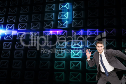 Composite image of cheerful businessman in a hury