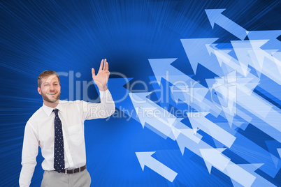 Composite image of handsome businessman with suitcase waving