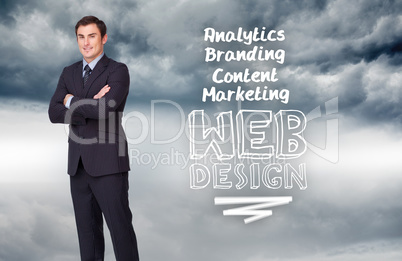 Composite image of young businessman standing cross-armed