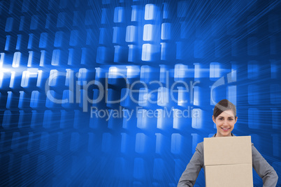 Composite image of smiling businesswoman carrying cardboard boxe