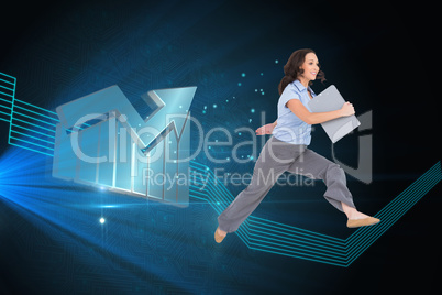 Composite image of cheerful classy businesswoman jumping while h