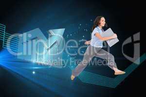 Composite image of cheerful classy businesswoman jumping while h