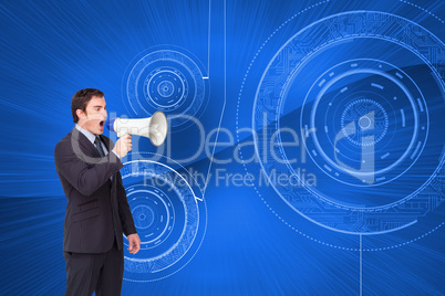 Composite image of standing businessman shouting through a megap