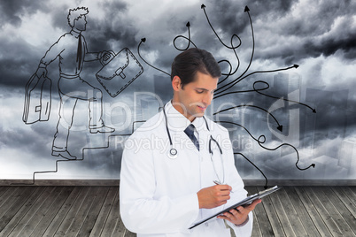 Composite image of smiling doctor holding pen and clipboard