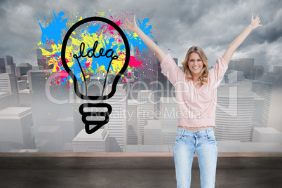 Composite image of full length shot of a smiling woman with her Composite image of full length shot of a smiling woman with her