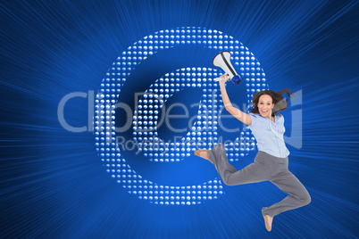 Composite image of cheerful classy businesswoman jumping while h