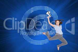 Composite image of cheerful classy businesswoman jumping while h