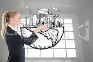 Composite image of businesswoman pointing somewhere