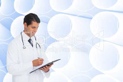 Composite image of smiling doctor holding pen and clipboard