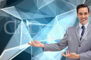 Composite image of young businessman presenting something