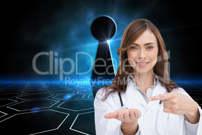 Composite image of smiling doctor presenting her hand