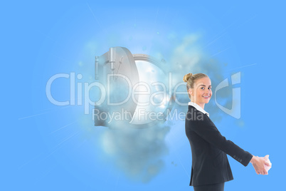 Composite image of happy businesswoman looking at camera